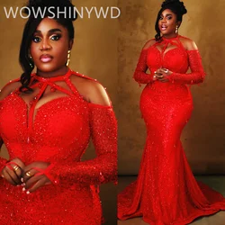 2024 Red Full Sleeves African Mermaid Prom Dresse Rhinestones Illusion Evening Party Second Engagement Birthday Gowns Dress