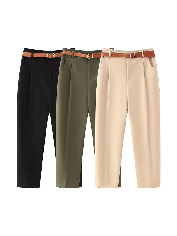 

PB&ZA Women New Fashion Leg Pants with Belt Vintage High Waist Zipper Pocket All-match Casual Chic Female Ankle Trousers Mujer