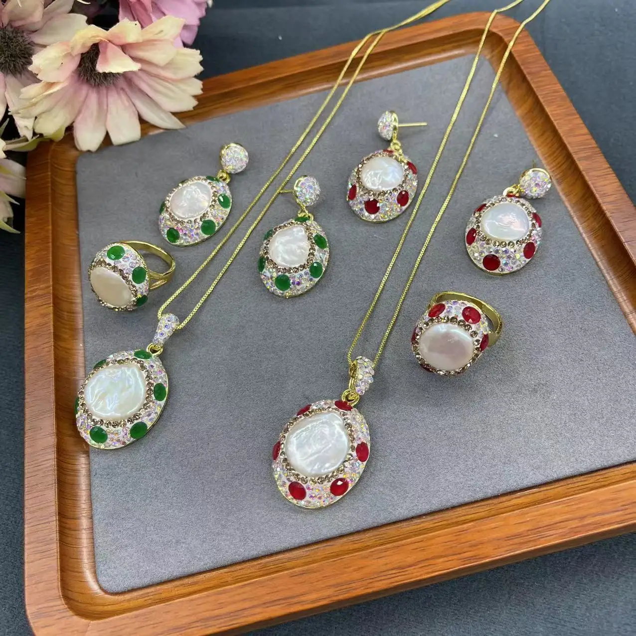 

Ore natural baroque pearl retention electroplating inlay niche personality popular set pendant necklace earring ring