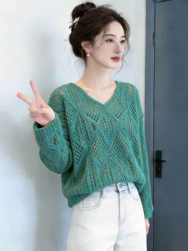 

Вязаный свитер Ele Long Sve для женщин, свободный крой, универсальный, весенняя новинка, корейская версия, стройнящий, удобный, дышащий