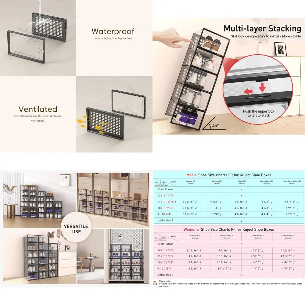 

Прозрачные пластиковые коробки для хранения обуви, набор из 12 штук, альтернатива обувной полке, органайзер для кроссовок, игрушек и многого другого, черный