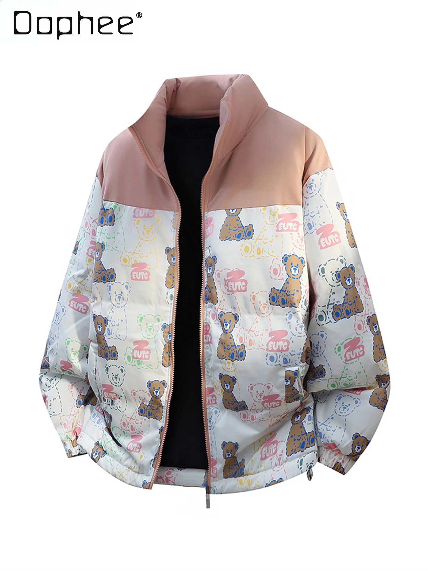 شتاء جديد الوردي الأخضر الوقوف طوق الكرتون الدب طباعة سترة قطن الرجال فضفاضة مريحة تنوعا معطف القطن الأسود غير رسمي #1