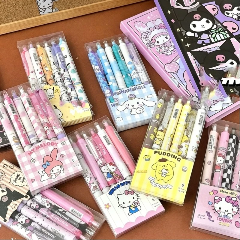 6 bolígrafos de gel de la serie Sanrio, con diseños de Kitty, Melody y Kuromi, útiles escolares para estudiantes, bolígrafo de 0.5 mm para firmas, artículos de oficina, regalo creativo.