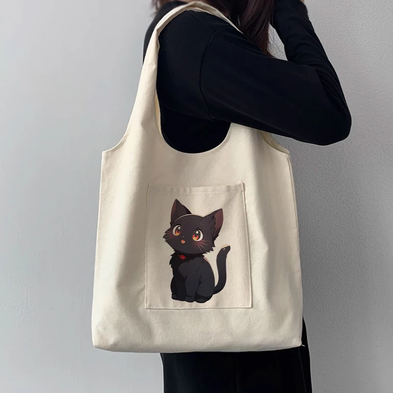 Bolsa de compras feminina de lona, gato segurando padrão de flor, colete de armazenamento ecológico, bolsa de ombro de lona, han