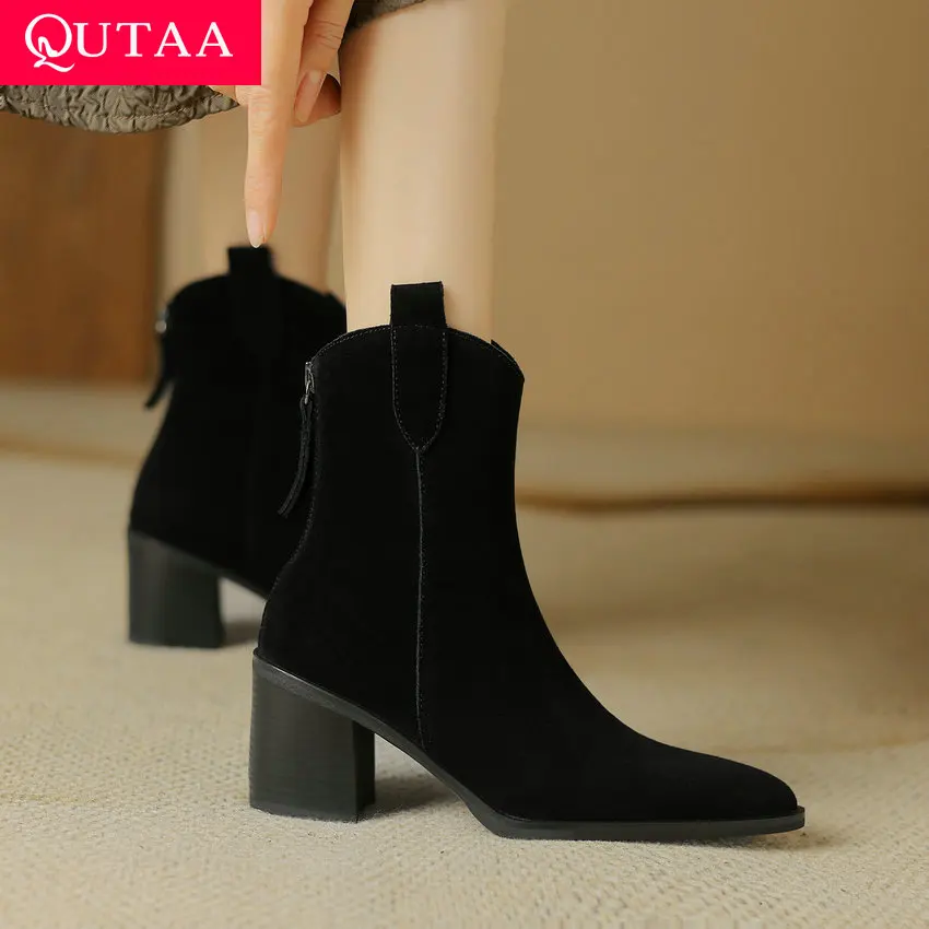 

QUTAA 2024 Autumn Winter Women Ankle Boots Cow Suede Office Lady Pointed Toe Shoes Woman Thick High Heels Basic Size 34-41