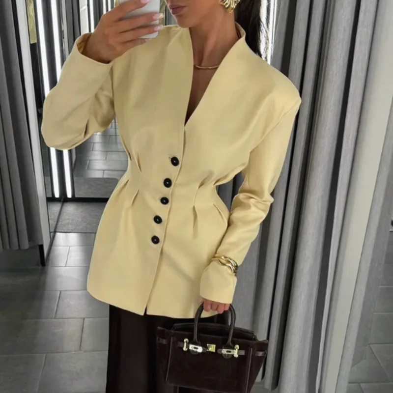 

Talenza Women Fashion Blazer Vintage Single Breasted V-Neck Long Sleeve Jacket Casual Office Solid High Street Chic Women Blazer