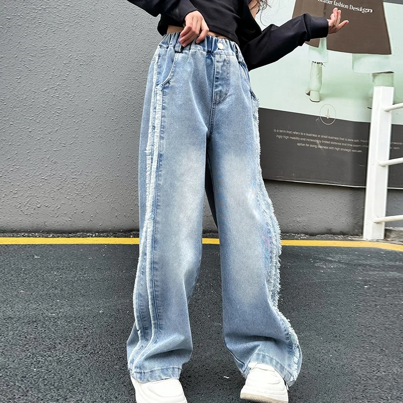 Casual Children's Jeans for Girls Spring Autumn Denim Pants Elastic Waist Teenage Kids Jeans Wide Leg Trousers for 6 8 10 12 Yrs