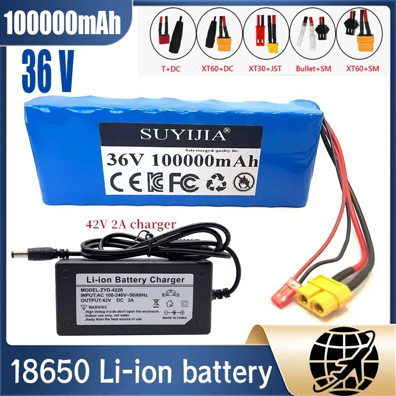 New 36V Lithium Battery Pack 10S2P 18650 100Ah 1000W Battery for Electric Bicycle E-bike Wheelchairs Power Tools +42V 2A Charger