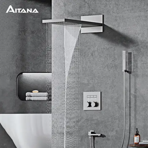 AITANA 럭셔리 건 그레이 황동 온도 조절 샤워 시스템(벽걸이형 디자인 포함) 온수 및 냉수 욕실용 수도꼭지 내장