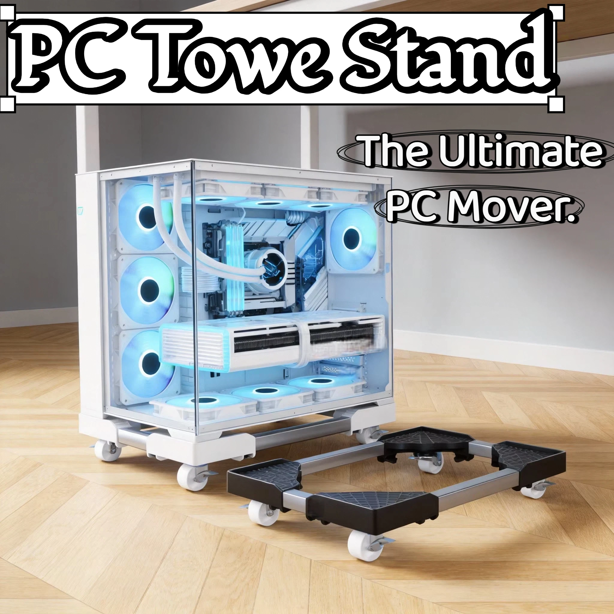 Under Desk PC Tower Stand with Wheels, Plastic Adjustable CPU Holder Mobile Computer Tower Cart for Office Gaming Setup, Black