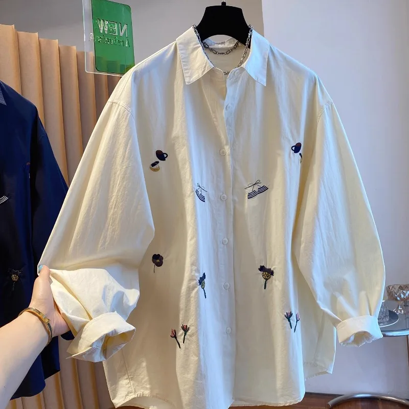 Vintage French All Match Casual Blouse New Fashion Cute Embroidery Single Breasted Lazy Shirt Office Lady Spring Clothe