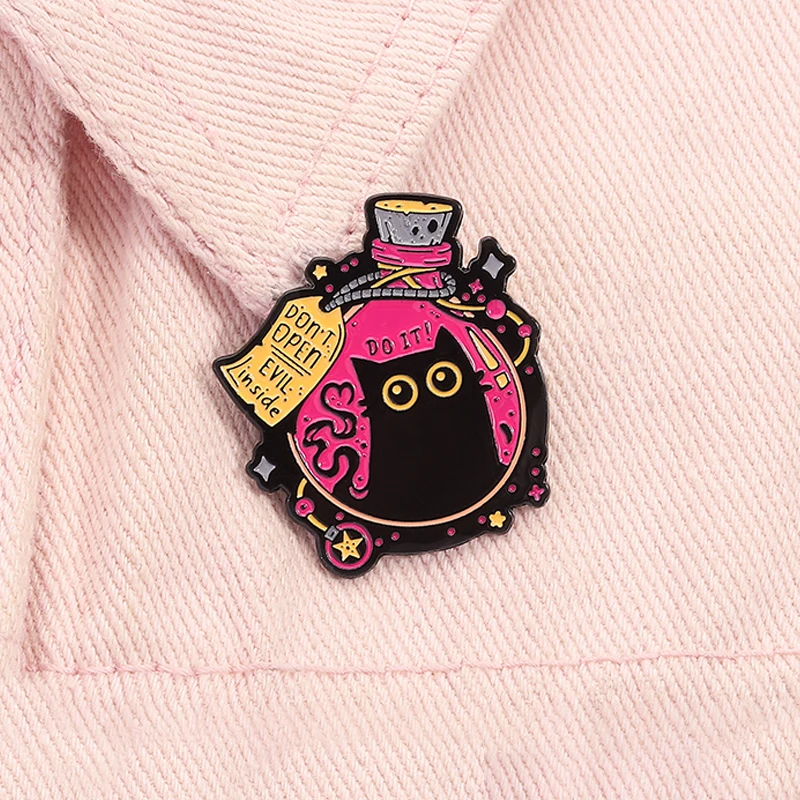 Cartoon Witch Black Cat Elf Enamel Pin Don't Open Evil Inside Big Eyes Kitten Brooch Lapel Badge Funny Jewelry Gift for Friends