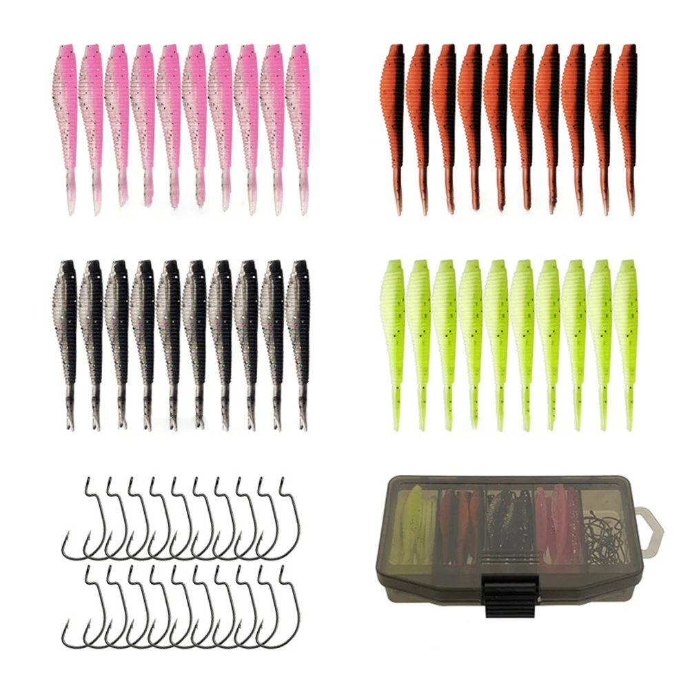 61pcs Bionic Soft Fork Tail Fishing Lures Set With 20pcs Crank Hook Storage Box Metal Plastic 14.6x9.4x3cm Fishing Accessories