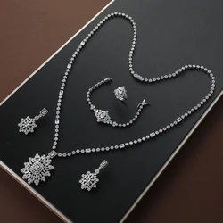 Luxury Big Flower Square Long Necklace Bracelet Earrings Ring Sets For Women Cubic Zirconia Bridal Jewelry S486-5812