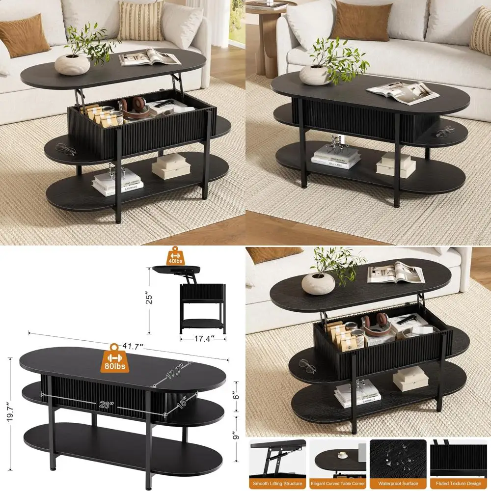 

Oval Lift Top Coffee Table 41.7 with Fluted Wood Center, Hidden Storage, 3 Tier Small Tables, Curved Edges, Modern Style