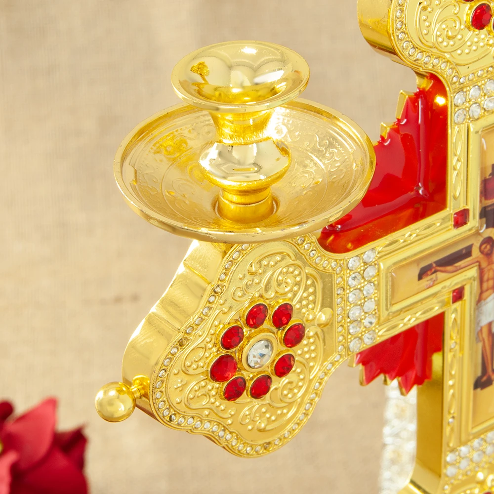 HTISOK Orthodoxer Kreuz-Kerzenhalter, Jesus-Kruzifix mit roter Emaille, vergoldeter Kreuz-Kerzenhalter für Kirchenandacht und Familiengebet – Detail 9