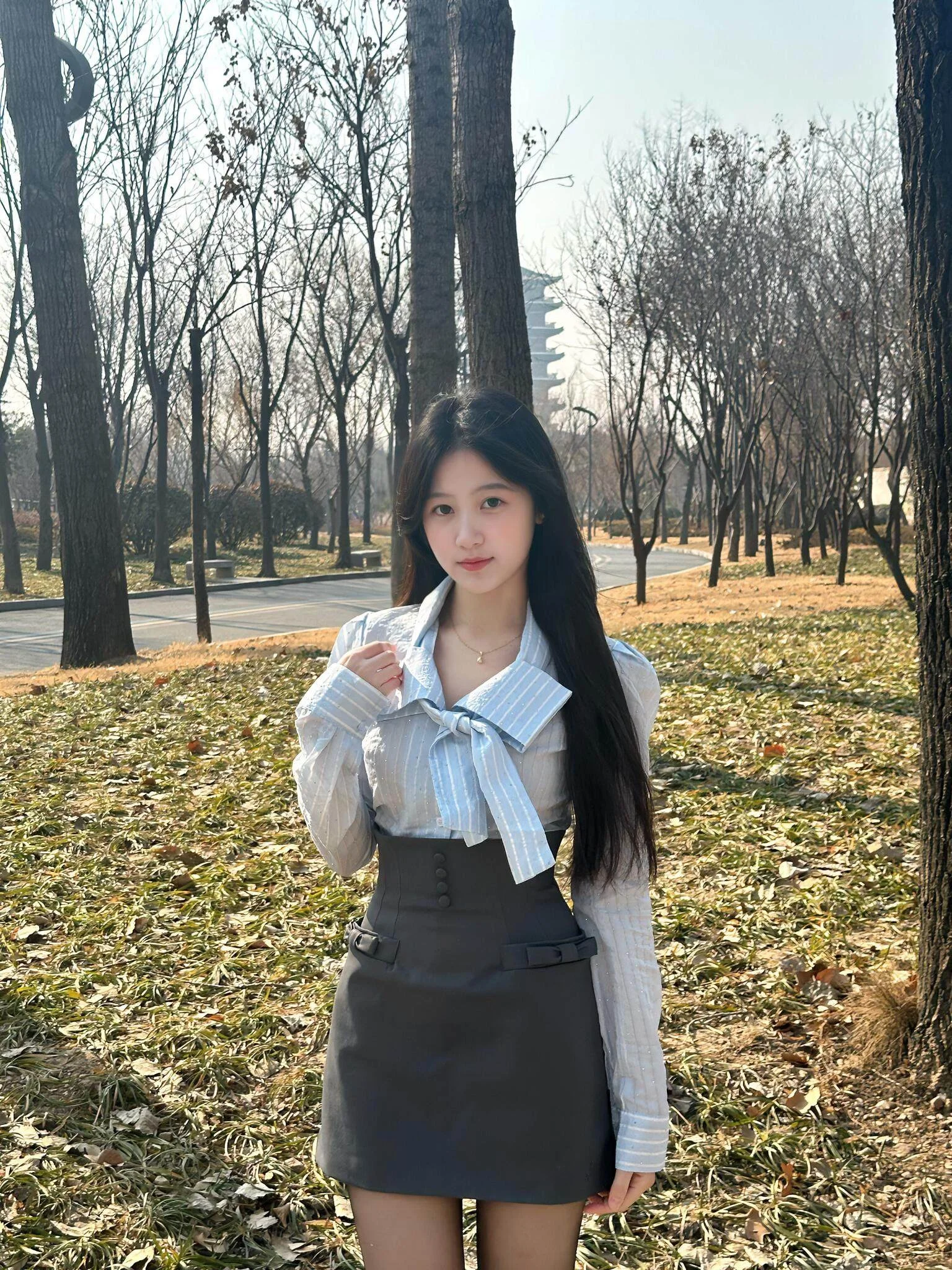 

Синяя рубашка с длинным рукавом и галстуком-бабочкой, серая юбка, женский весенне-летний комплект в японском студенческом стиле, один комплект, полиэстер...