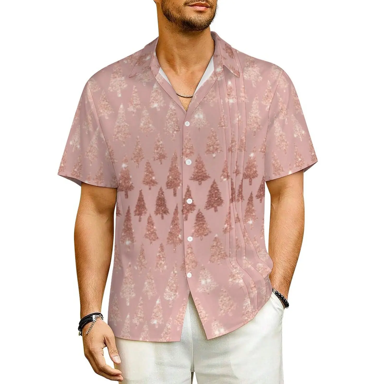 Elegant Rose Gold Metallic Beach Shirt Glitter Pink Mauve Xmas Trees Hawaiian Casual Shirts Man Elegant Blouses Design Clothes