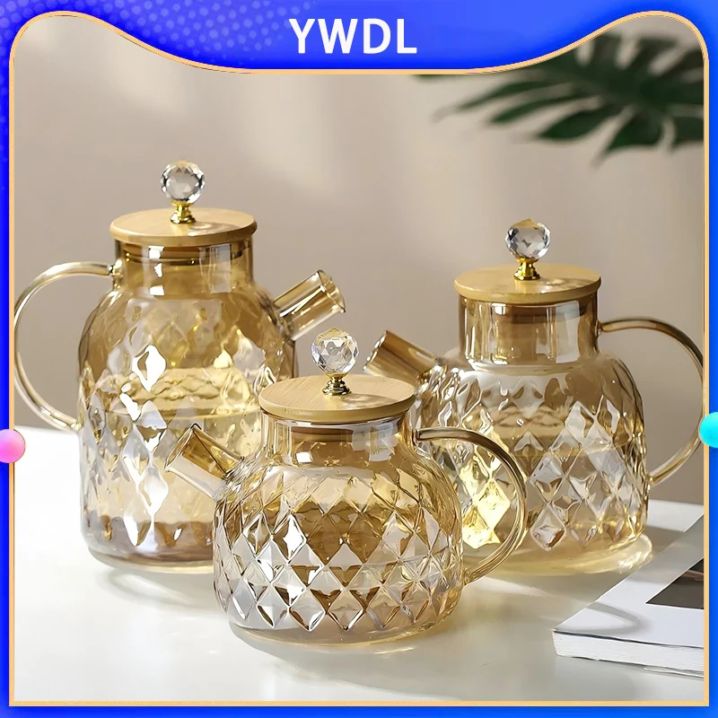 YWDL 1/1.5/1.8l Glass Teapot With Bamboo Lid Amber Color Diamond Cold Kettle Heat-resisting Pot For Loose Leaf Fruit Scented Tea