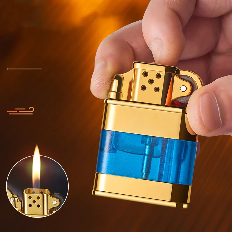 New unusual lighter transparent window grinding wheel ignition open flame lighter retro metal inflatable lighter birthday gift