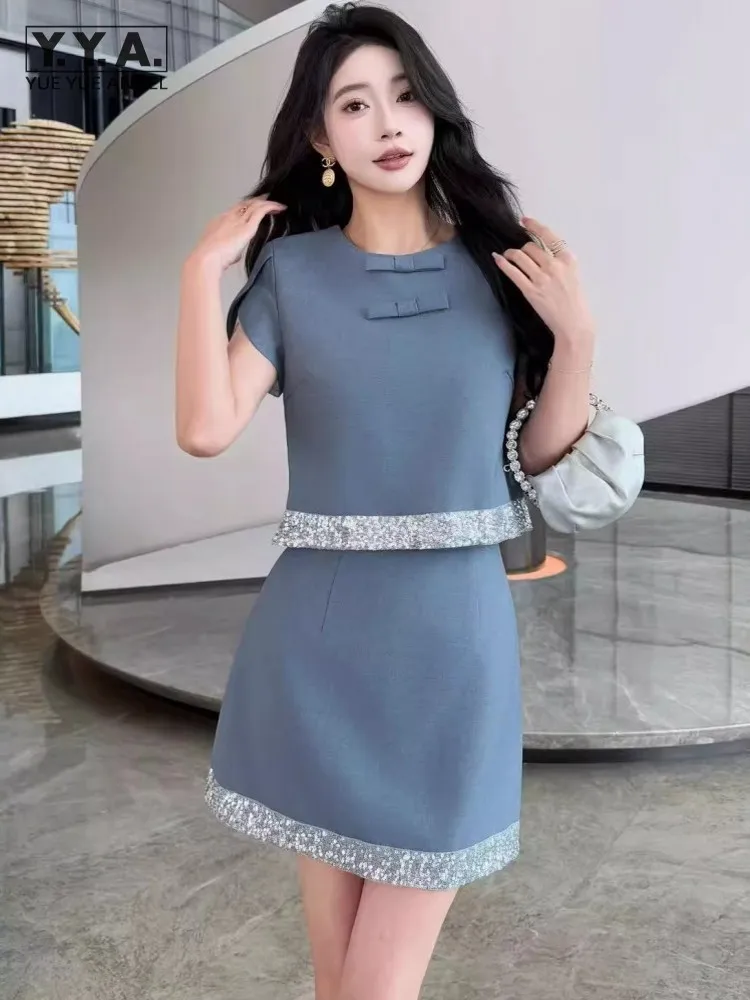 

Office Lady Summer New Fashion Sequin Patchwork Short Top Sets Bow O-Neck Short Sleeve Matching Set Above Knee Mini Skirt Outfit
