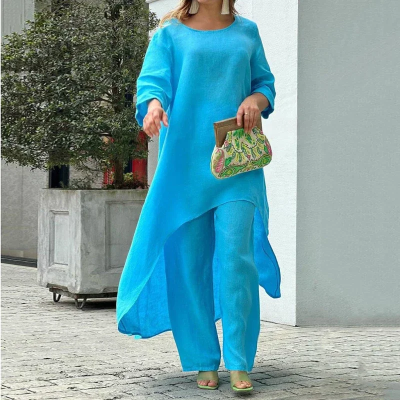 

African Clothes 2 Piece Women Set Women Outfits Cotton Linen Suit Long-Sleeved Top Pants Oversize Trousers Casual Party Set