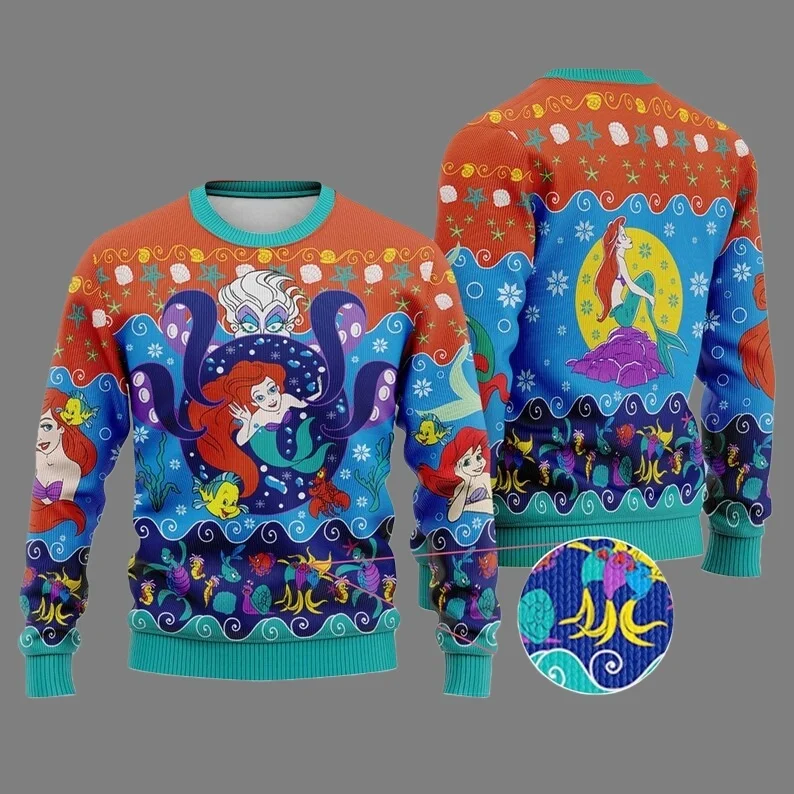 

Тема фильма «Русалочка» из фильма Диснея, уродливый свитер, семейная толстовка с капюшоном для рождественской вечеринки, увеличенный топ для взрослых, осень/зима, новый стиль