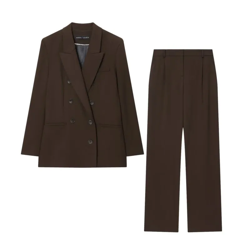 

Women Suit 2-piece Set Long Sleeves Shoulder Padded Double Breasted Suit Jacket Pleated Straight Leg Pants Trousers Women Outfit