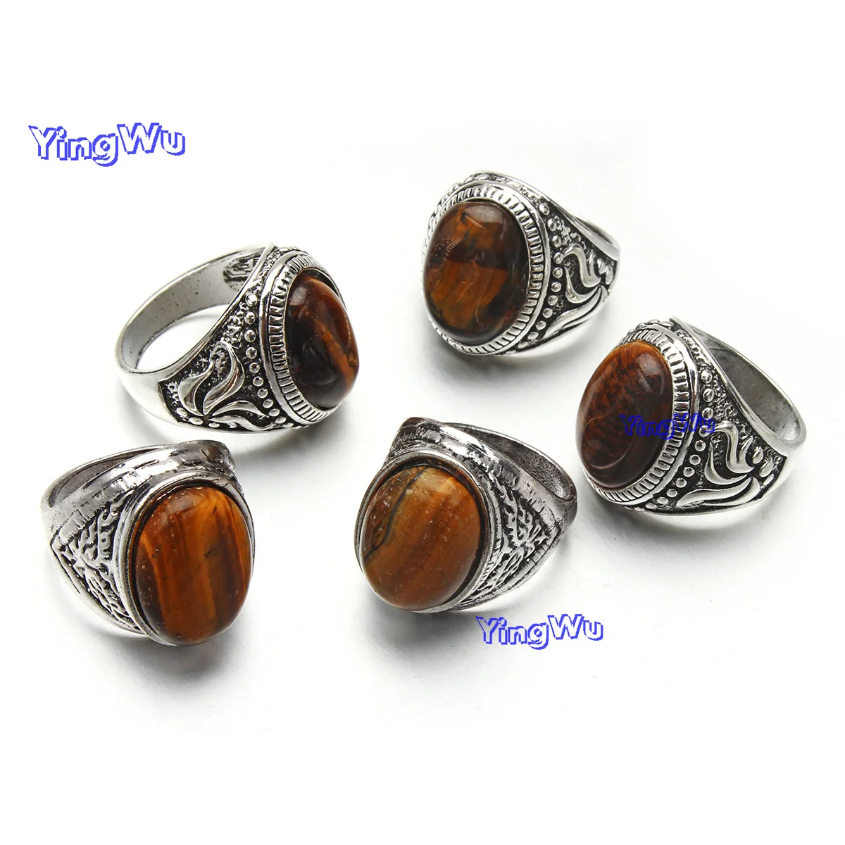 10pcs/Lot Wholesale Colorful Tiger Eye Natural Stone Finger Rings For Bohemia Mix Style Silver Color Hollow Alloy Metal Jewelry