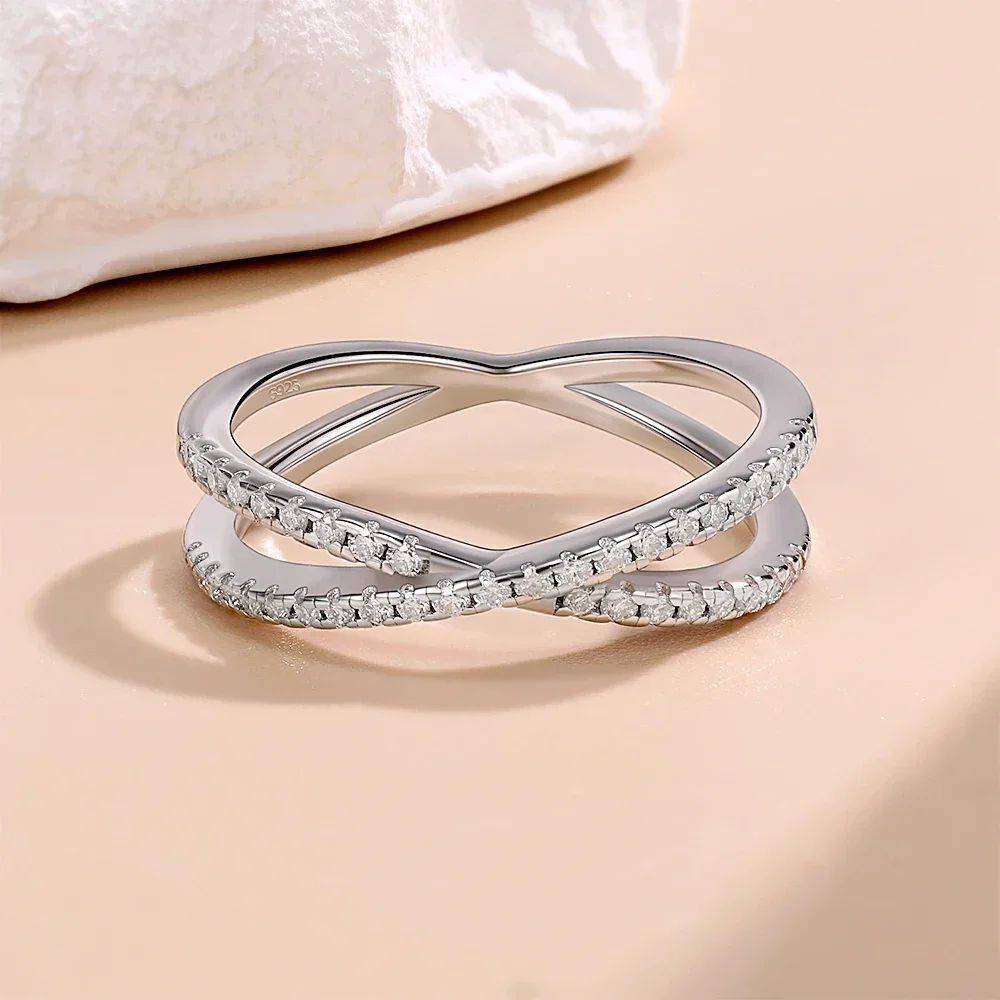 

LinkerLove S925 Sterling Silver Moissanite X Shaped Ring Criss Cross Design Pave Set Diamond Ring for Women Birthday Party Gift