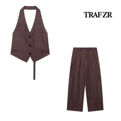 TRAF ZR Trousers Sets for Women 2 Pieces Vacation Outfits Woman 2024 Elegant Casual Women's Set Distressed Vintage Cozy Sets