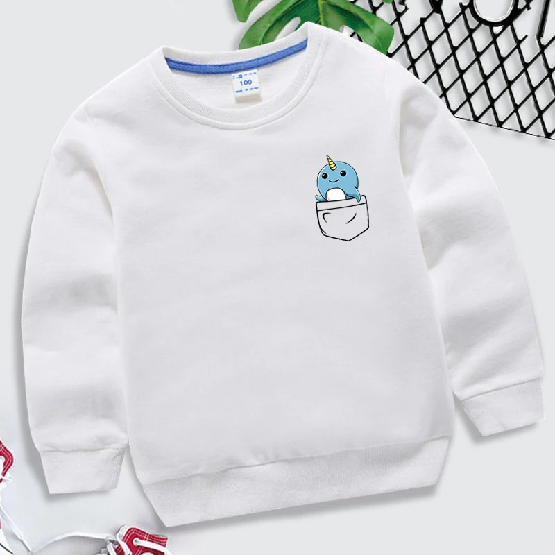 

New Children Hoodless Sweatshirts Narwhal Pocket Print Round Neck Pullovers Fashion Narwhal Print Cool Soft Kids Casual Pullover