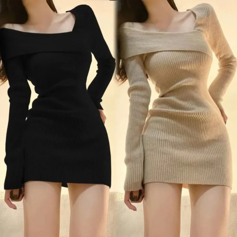 Slim Fit Knitted Long Sleeve Dress Women's Clothing Shoulder Baring Midi Dress Pure Desire Style Spicy Girl Short Skirt