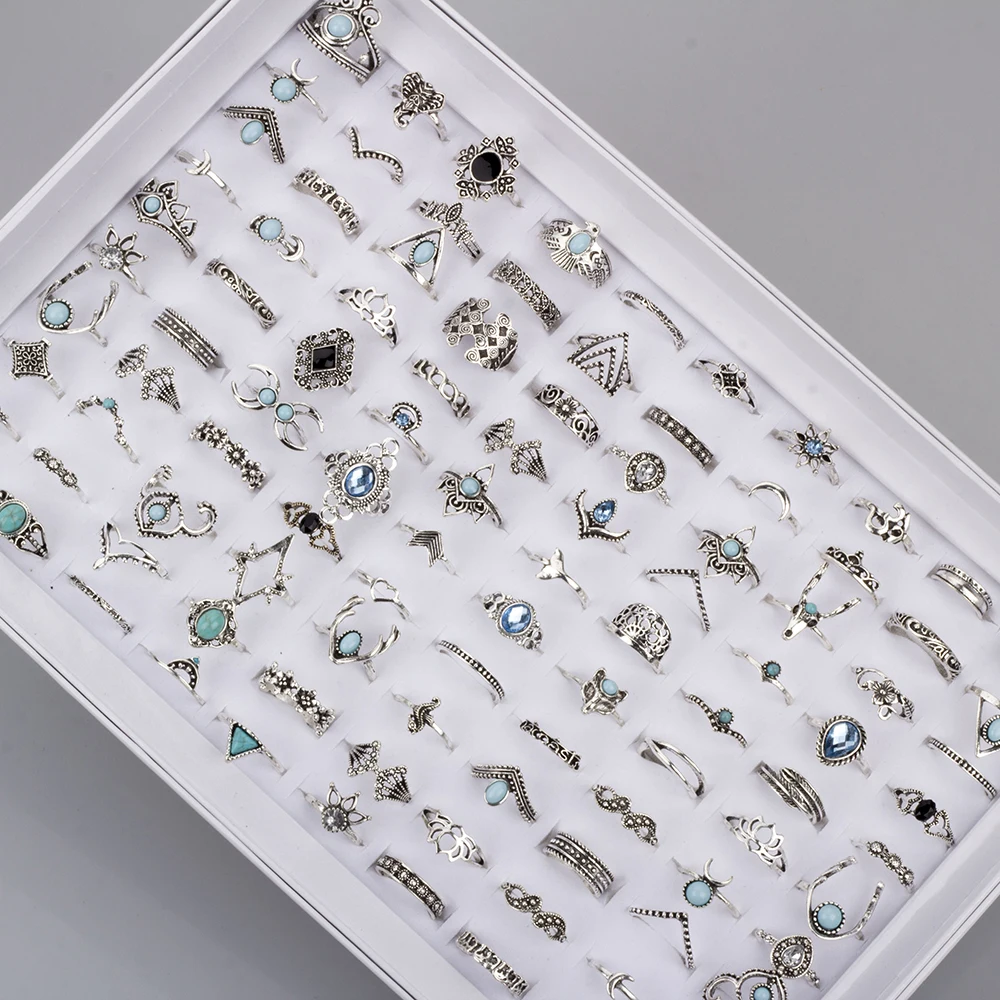 50 قطعة/الوحدة بوهيميا خمر فضي خواتم للنساء الرجال مزيج حجم تاج الفيل فراشة البنصر حزب مجوهرات هدية بالجملة
