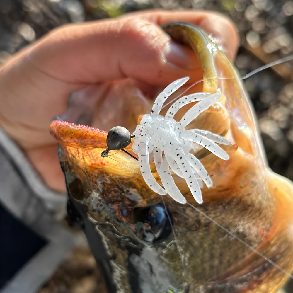 1 Stück, 3 Stück, 11 cm, 10 g, doppelter Kopf mit wackelnden Tentakeln, behaarter Spinnenköder, schwimmender, weicher Köder aus Kunststoff, flexibler Köder für Barsch, Hecht und Forelle. – Detail 13