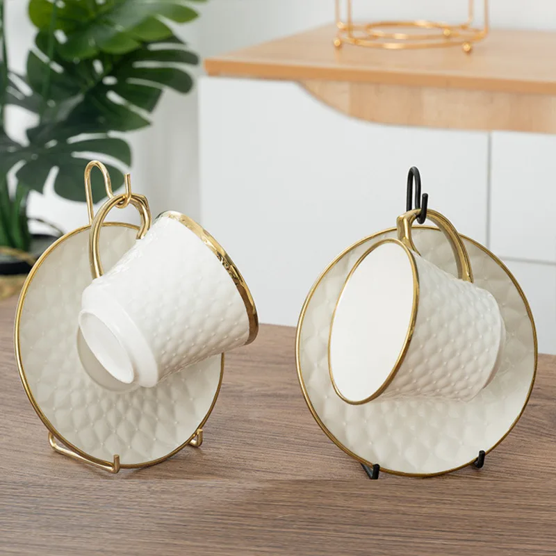 Coffee Tea Cup Holder Saucer Bird Gilded Golden Iron Storage 2 Layer 6 Hooks Mug Rack Drying Hanging Shelf Kitchen Display