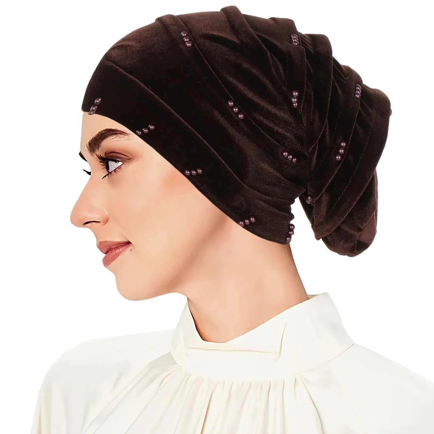 Indian Velvet Turban Women Chemo Cap Beaded Bonnet Headscarf Hair Loss Head Wrap Beanie Hijab Hat Muslim Headwear Turbante Mujer