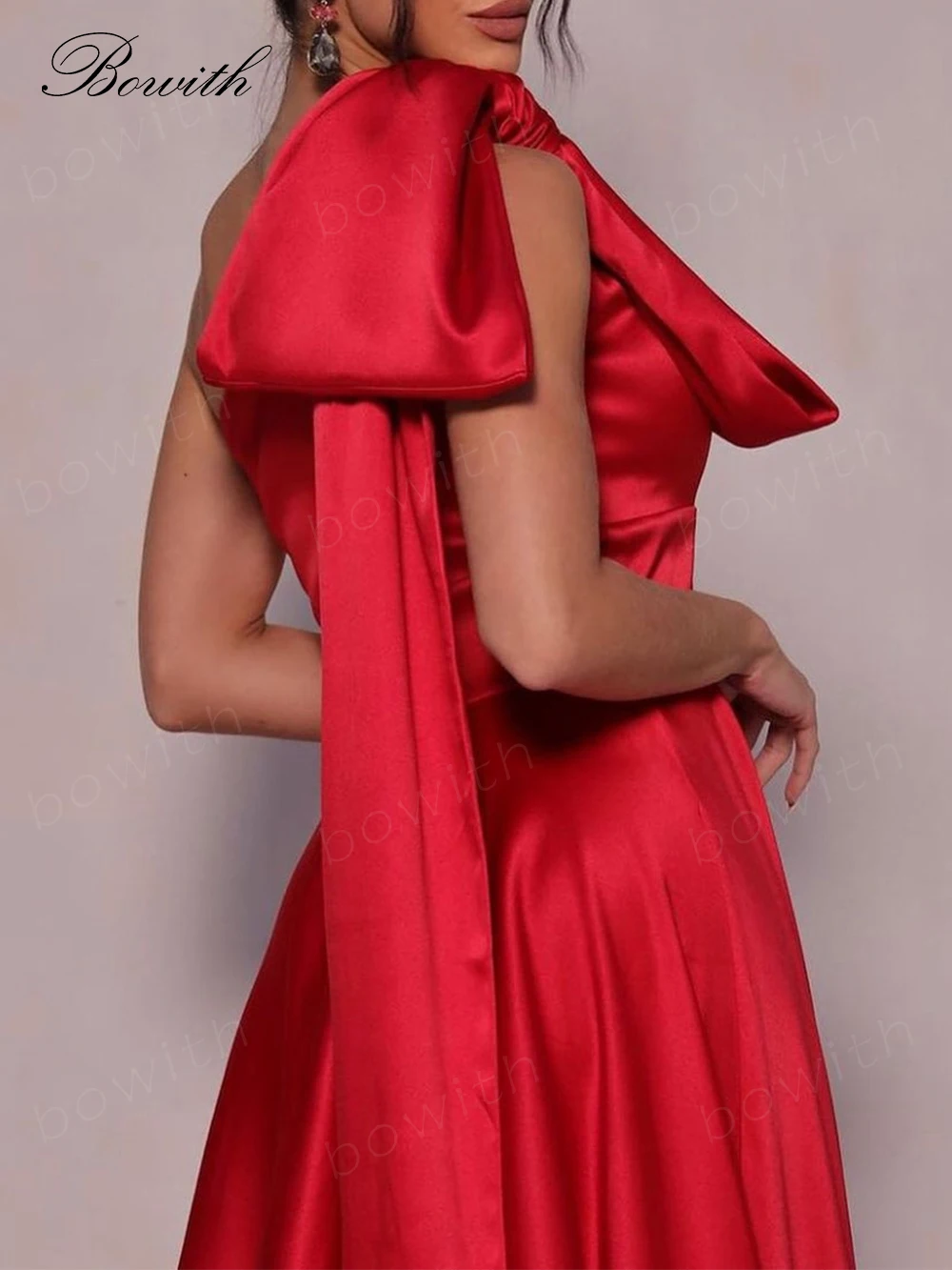 Bowith-vestido de noche rojo con lazo en los hombros para mujer, vestido de fiesta de línea A para mujer, vestido de fiesta de Navidad 2024