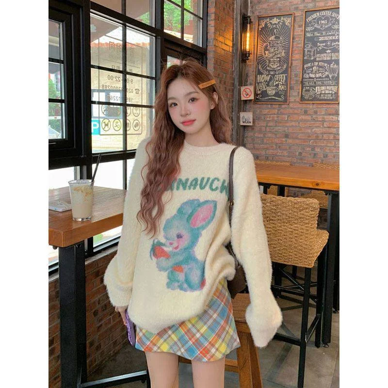 Korean Women Sweater Streetwear Autumn Winter Letter Printed O-neck Kawaii Pullovers Cartoon Furry Bunny Knitted Pullover