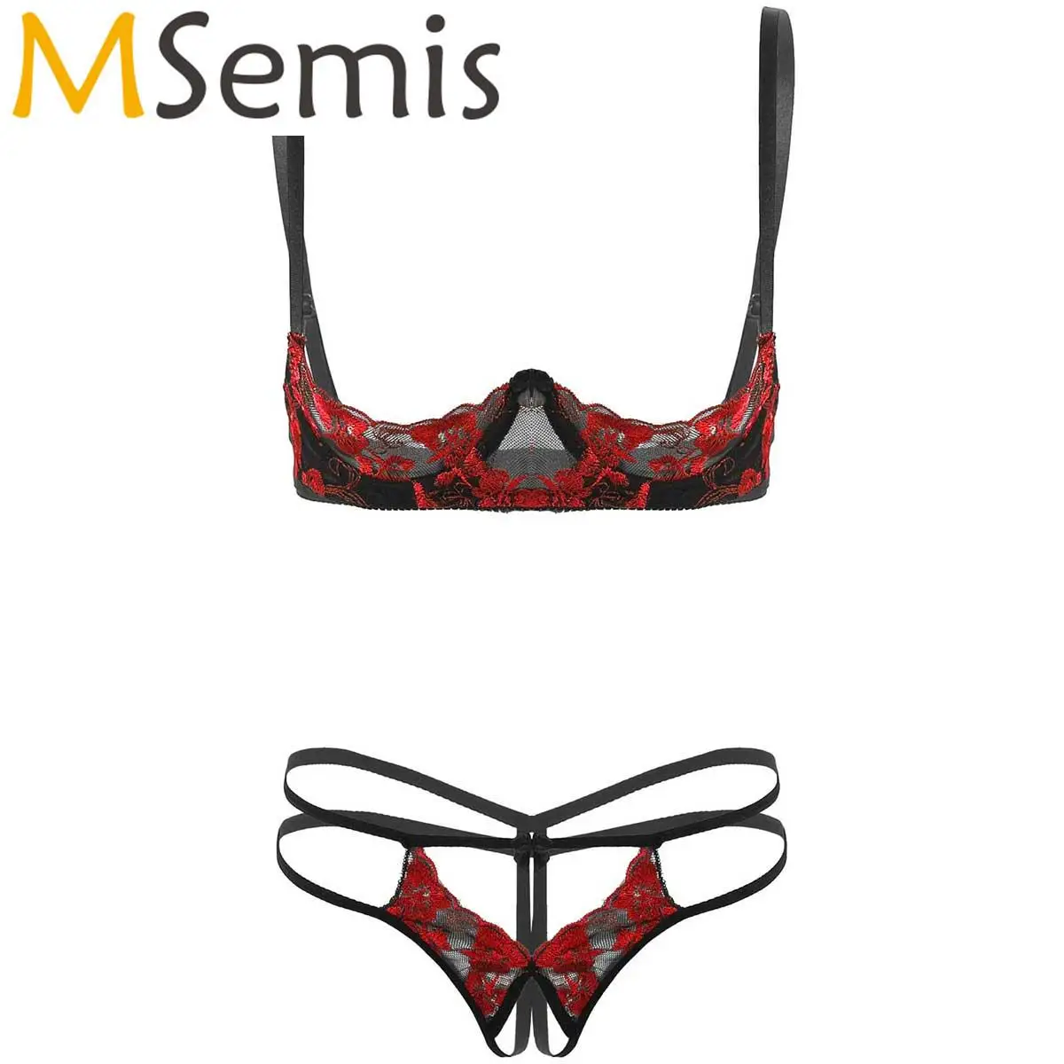 

2Pcs Womens Embroidery Lace Lingerie Set Bare Exposed Breasts Underwire Bra Top with Crotchless G-string Thong Briefs Underwear