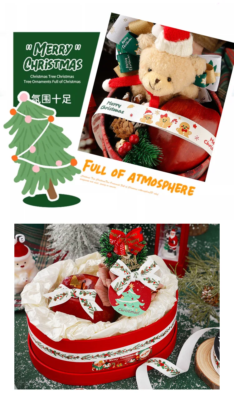 25YardX5Roll.Christmas Ribbons Cake Gift Packaging Flower Ribbons Handmade Bow Material.Christmas Claus Snowflake Elk Ribbon