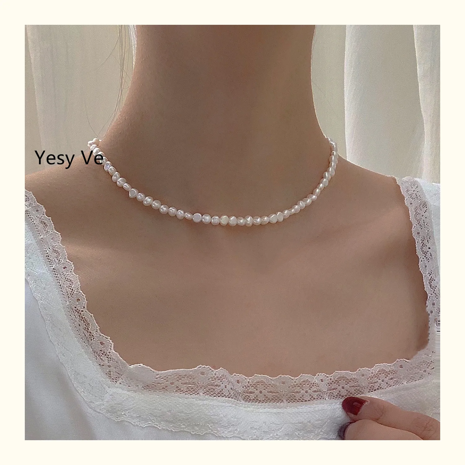 Yesy Ve-Women's Baroque Natural Pearls Necklace, 14K Gold Plate Choker, Vintage, All Match, Also Can Be Worn in Bath, New