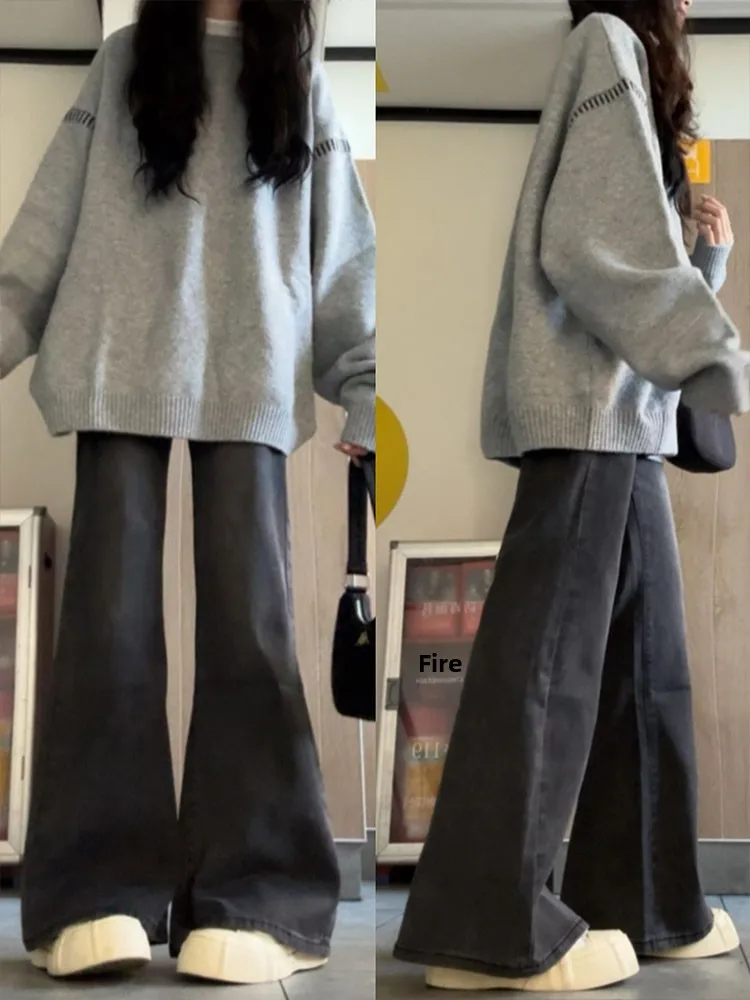 

American High Street Thiened Fce Women's Jeans Autumn Winter New Loose Slimming Flared Straight Leg Wide Leg Pants