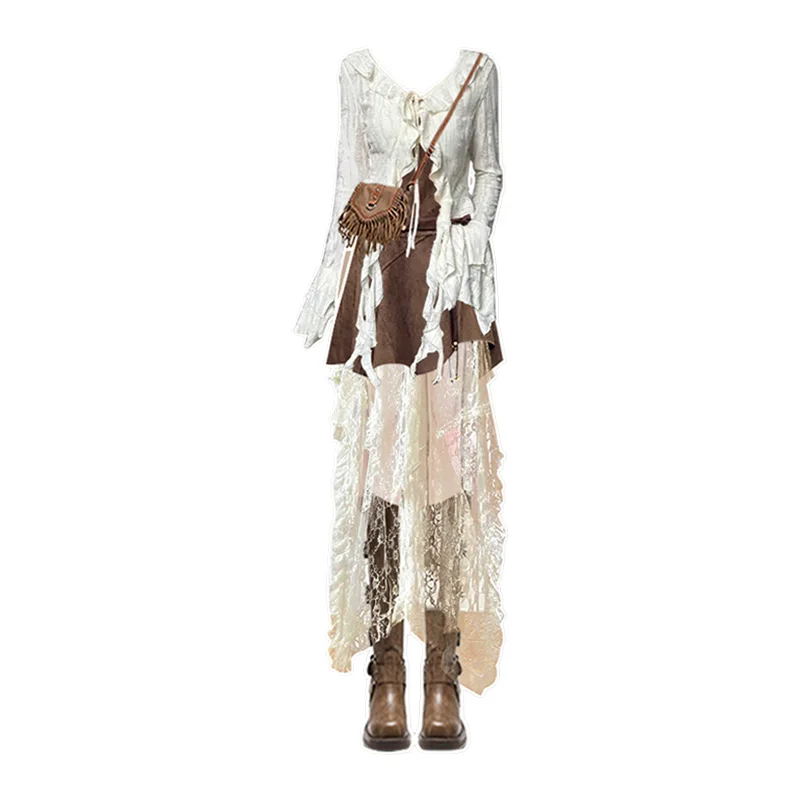 Rebel Chic Ensemble t-shirt Haut en dentelle irrégulière Jupe creuse Slim Fit Dr Vintage Sle Long Sve Printemps Été Au...