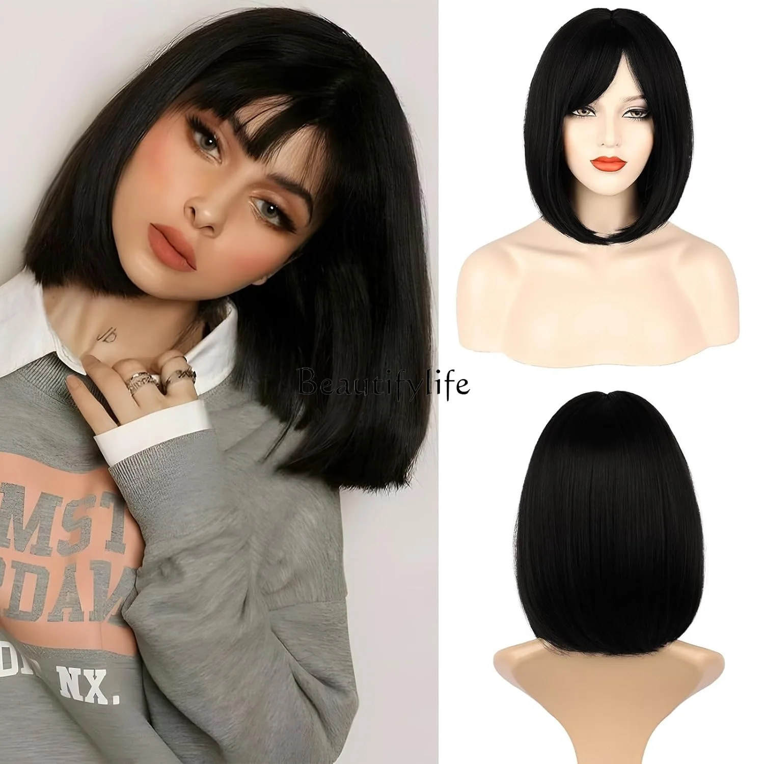 

Natural Black Qi Bangs Short Straight Hair Simulation Chemical Fiber Full Headgear Suitable for Female Wigs