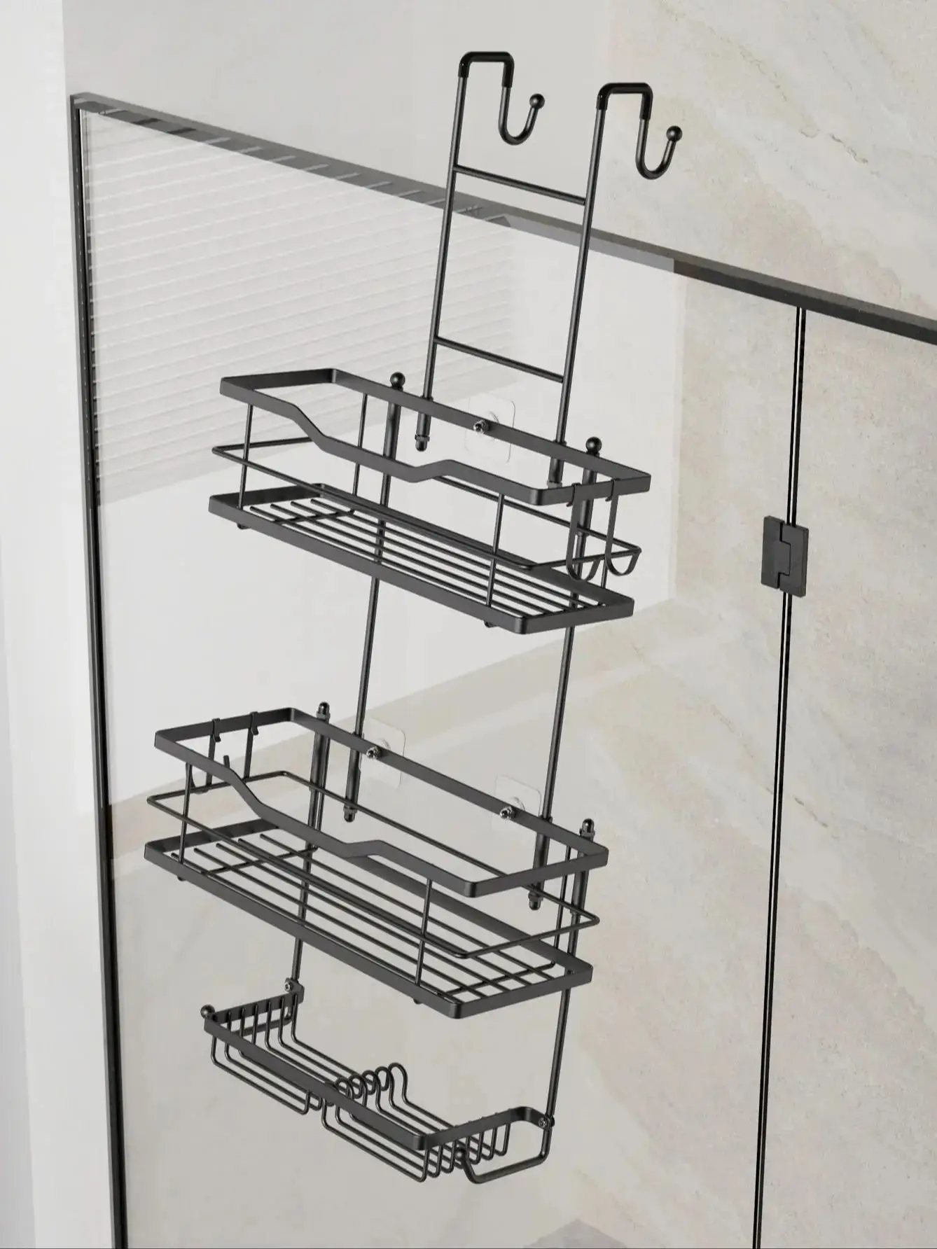3-stufiger hängender Duschregal, großes Fassungsvermögen, mit 2 Seifenschalen, schwarz/silber – Detail 3