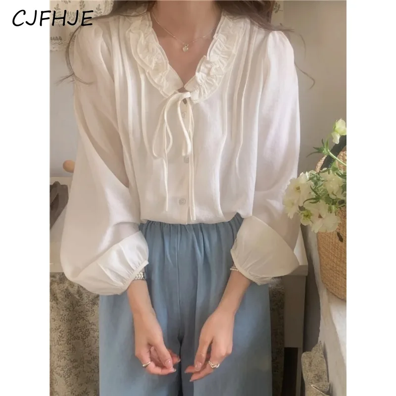 

CJFHJE Korean Version Women's Solid Color V-neck Chiffon Shirt Spring French Sweet Wood Ear Lace Up Women Long Sleeved Shirt Top