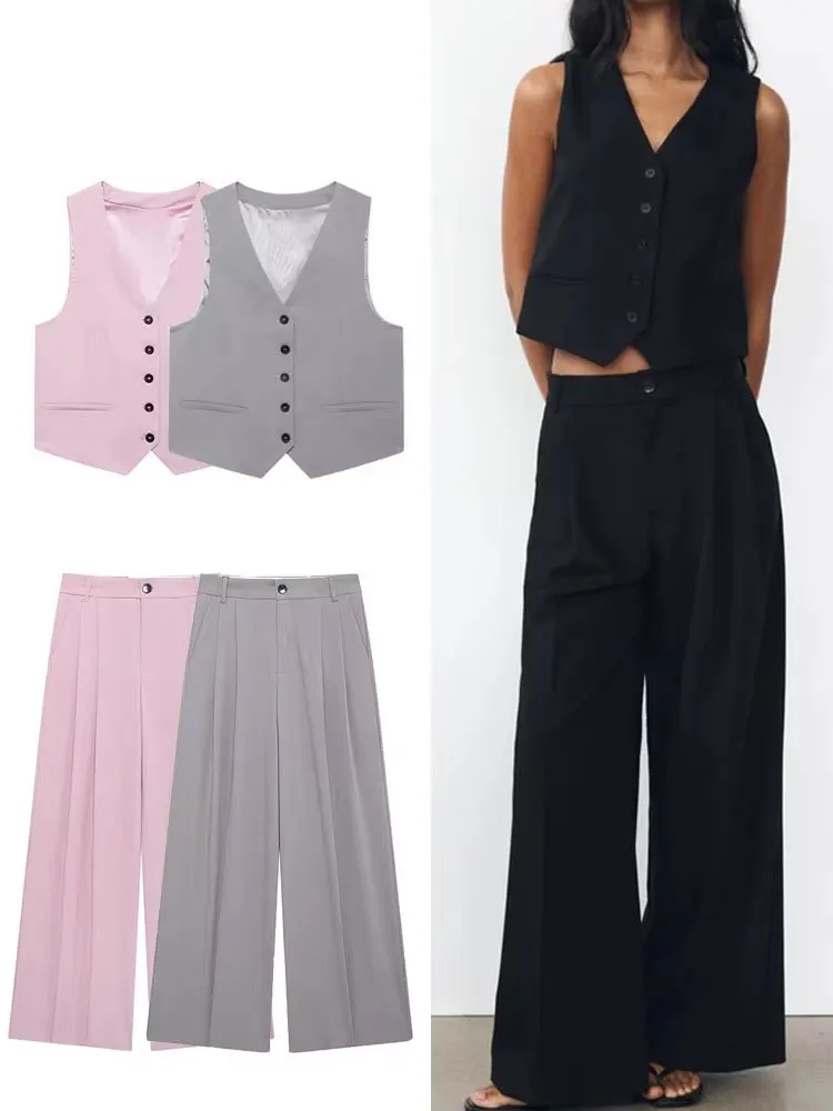 HH Frauen Feste Hose Sets Verstellbarer Rückengurt Einreiher V-ausschnitt Weste Hohe Taille Hose Mode High Street Outfit