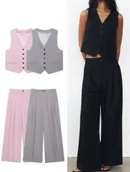 HH Women Solid Pant Sets Adjustable Back Strap Single Breasted V-Neck Vest High Waist Trousers Fashion High Street Outfit