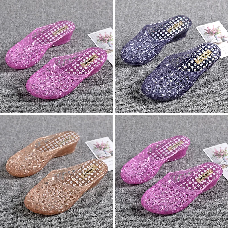 PUPUDA Women Slippers Protective Baotou Crystal Bottom Breathable Cool Jelly Shoes Ladies Summer Wedges Slippers Women Sandals